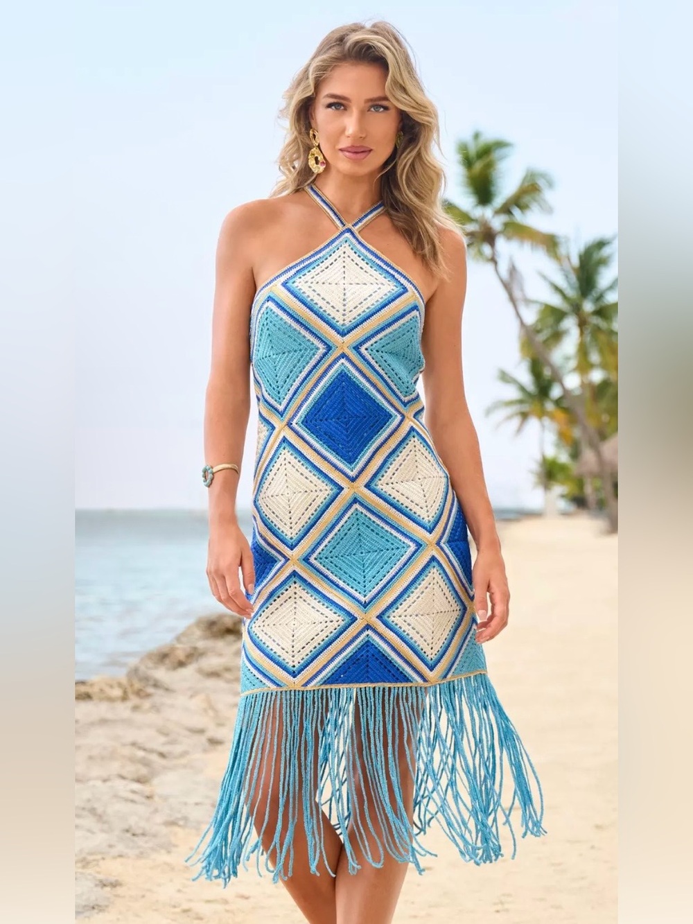 Boston Proper Crochet Halter Lined Dress Fringe Hem NWOT Size Med.
